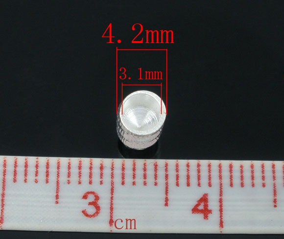 Picture of Copper Snake Chain End Tips Caps Findings Fit European Style Necklace Silver Plated Threaded Carved 7.2mm( 2/8") x 4.2mm( 1/8"), 100 PCs