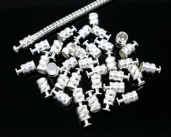 Picture of Copper Snake Chain End Tips Caps Findings Fit European Style Necklace Silver Plated Threaded Carved 7.2mm( 2/8") x 4.2mm( 1/8"), 100 PCs