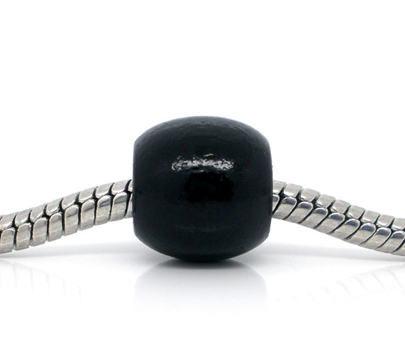 Picture of Natural Wood European Style Large Hole Charm Beads Barrel Black 11x12mm, 100 PCs