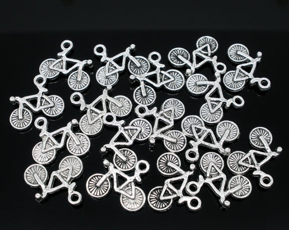 Imagen de Colgantes Aleación del Metal Del Zinc de Bicicleta Plata Antigua Rhinestone 15.0mm x 13.0mm, 50 Unidades 
