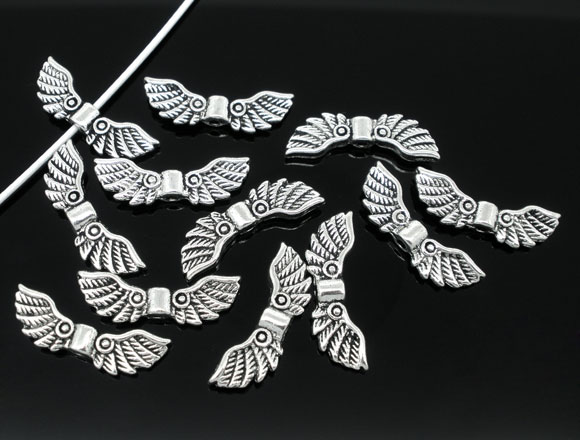 Picture of Zinc Based Alloy Spacer Beads Angel Wing Antique Silver Color About 22mm x 7mm, Hole:Approx 1.3mm, 50 PCs