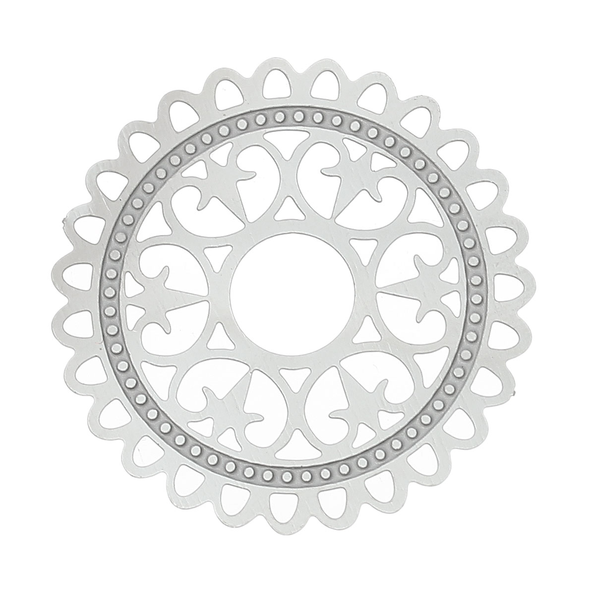 Picture of 304 Stainless Steel Filigree Stamping Embellishments Findings, Round Silver Tone, Flower Hollow Carved 3.2cm(1 2/8") Dia, 10 PCs