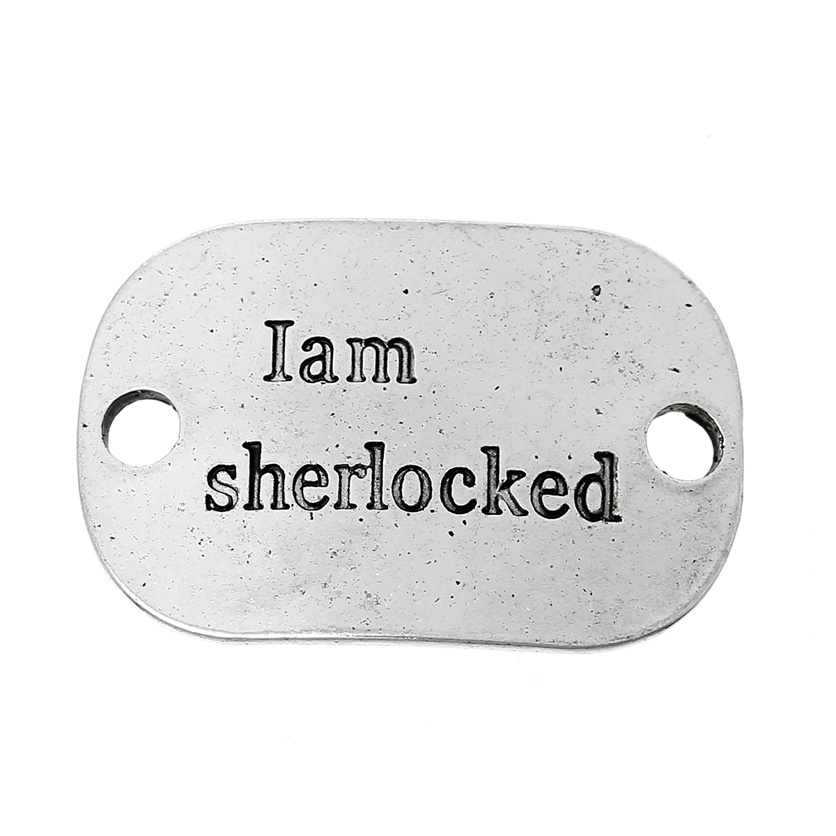 Picture of Zinc Metal Alloy Connectors Findings Rectangle Antique Silver Color Message " I Am Sherlocked " Carved 30mm x 20mm, 10 PCs