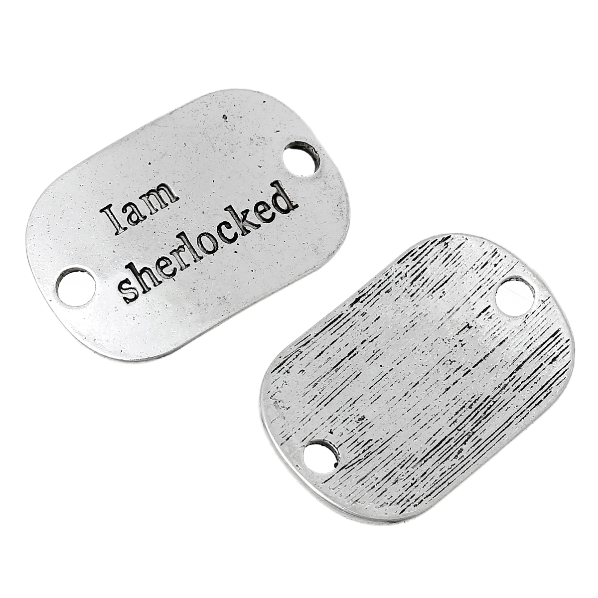 Picture of Zinc Metal Alloy Connectors Findings Rectangle Antique Silver Color Message " I Am Sherlocked " Carved 30mm x 20mm, 10 PCs