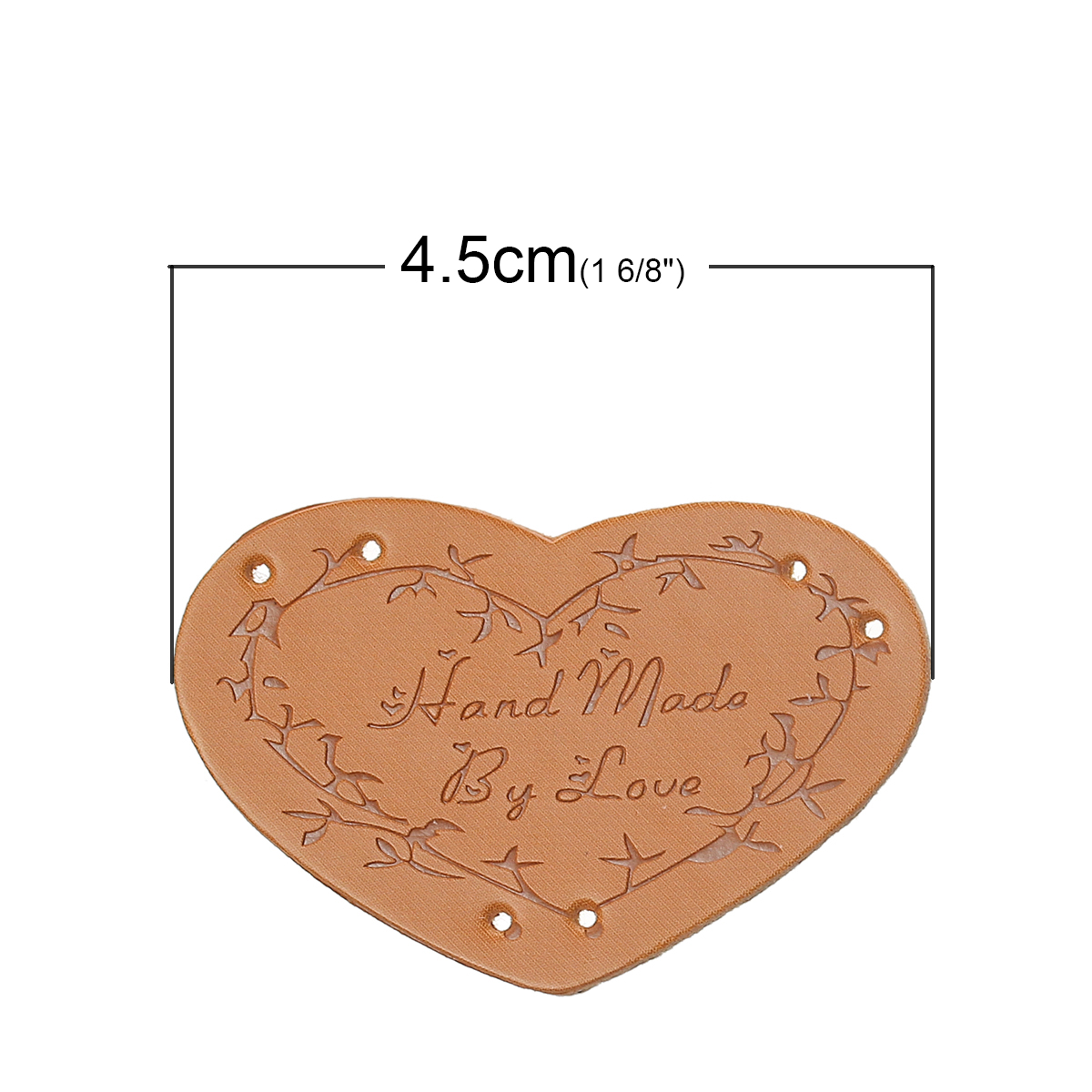 Bild von PU Leder Label Herz Hellbraun , mit Zweig Muster, " Hand Made By Love", 45mm x 30mm , 20 Stücke