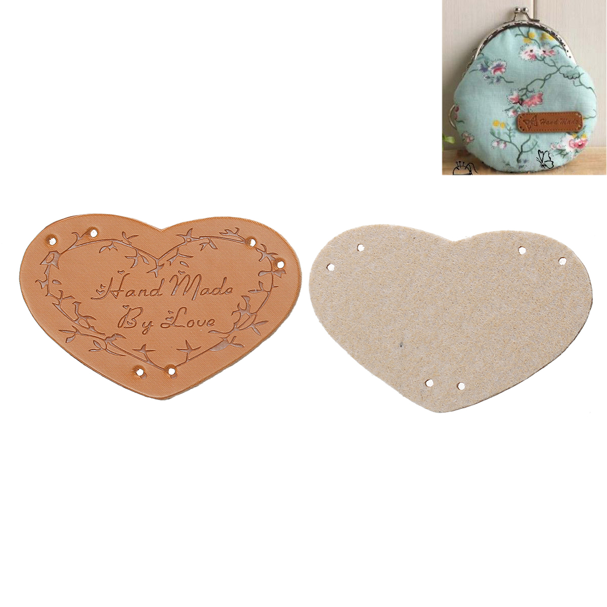 Bild von PU Leder Label Herz Hellbraun , mit Zweig Muster, " Hand Made By Love", 45mm x 30mm , 20 Stücke