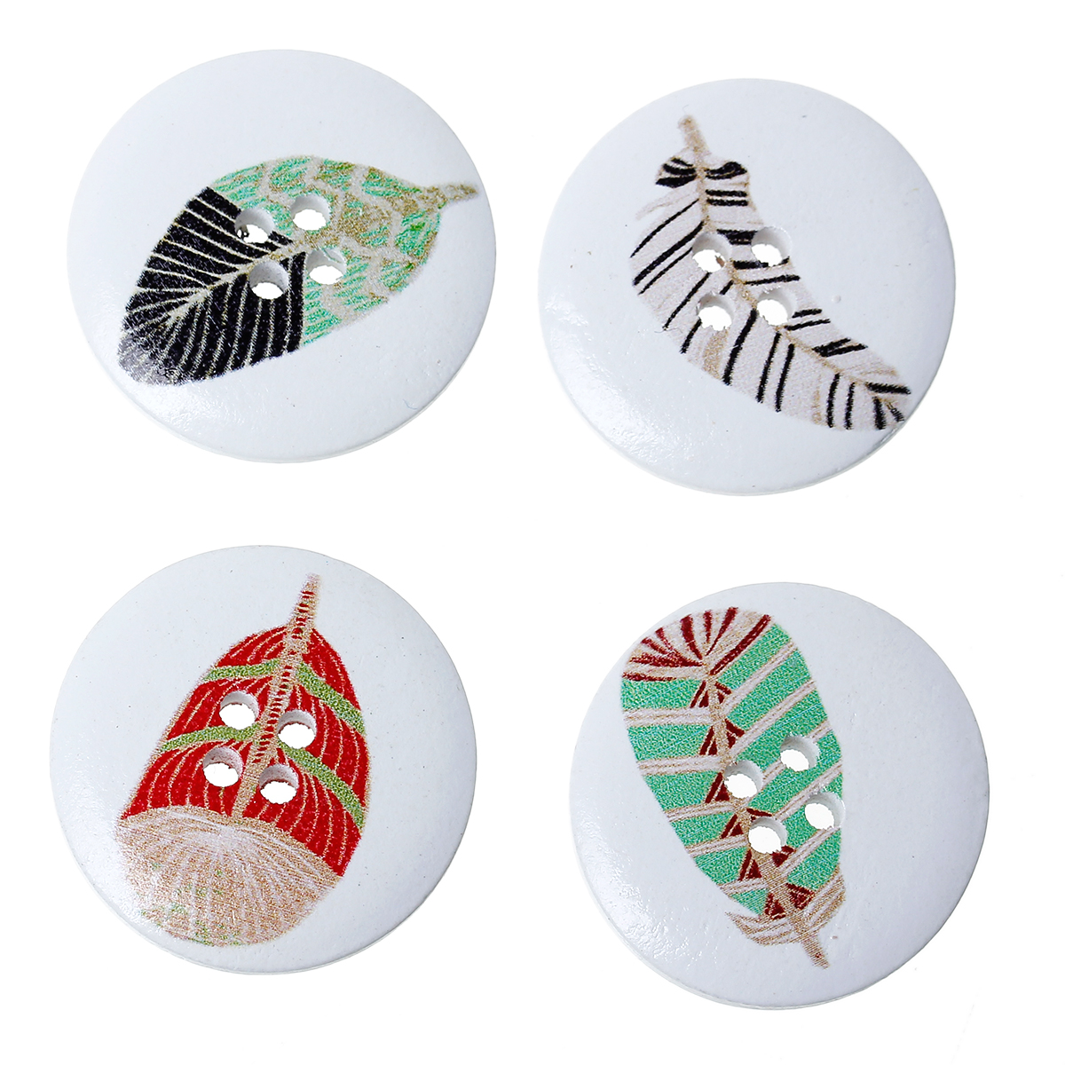 Picture of Natural Wood Sewing Buttons Scrapbooking 4 Holes Round White At Random Mixed Pattern 30mm(1 1/8") Dia, 50 PCs
