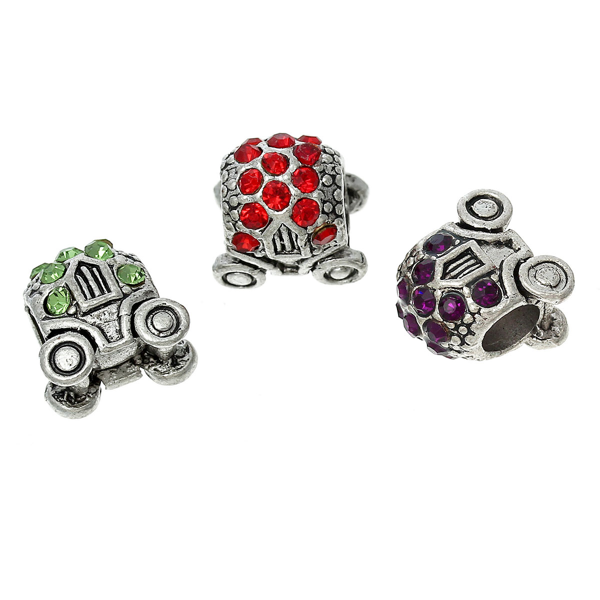 Picture of Zinc Metal Alloy European Style Large Hole Charm Beads Car Antique Silver Color At Random Mixed Rhinestone About 12mm x 12mm, Hole: Approx 5.2mm, 5 PCs