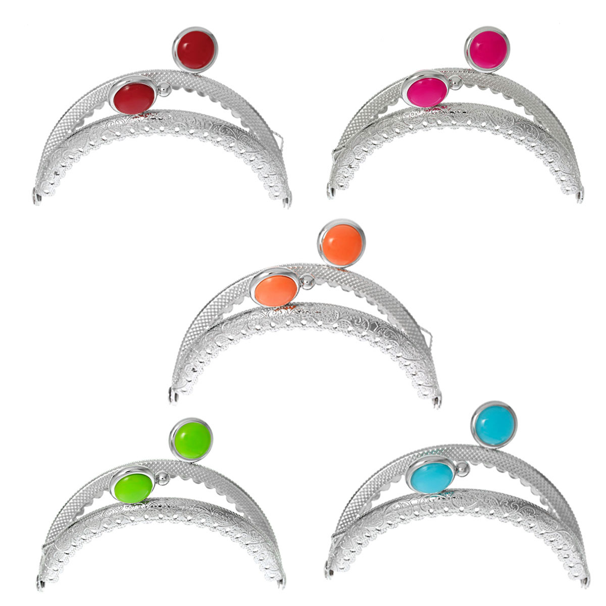 Picture of Iron Based Alloy Kiss Clasp Lock Purse Frame Arch Silver Tone Vine Mixed Resin Ball 8.8cm x 6.2cm(3 4/8" x2 4/8"), Open Size: 11.8x8.8cm(4 5/8"x3 4/8"), 5 PCs