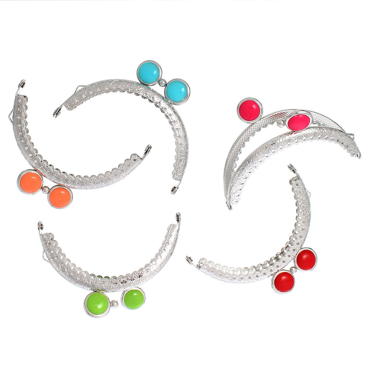 Picture of Iron Based Alloy Kiss Clasp Lock Purse Frame Arch Silver Tone Vine Mixed Resin Ball 8.8cm x 6.2cm(3 4/8" x2 4/8"), Open Size: 11.8x8.8cm(4 5/8"x3 4/8"), 5 PCs