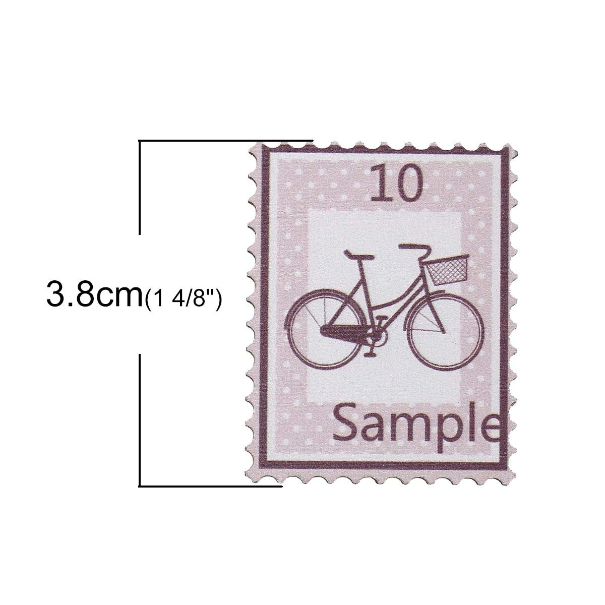 Picture of Natural Wood Embellishments Scrapbooking Travel Postage Stamp Pink Bicycle Message " Sample 10 " Pattern 38mm(1 4/8") x 30mm(1 1/8") , 30 PCs