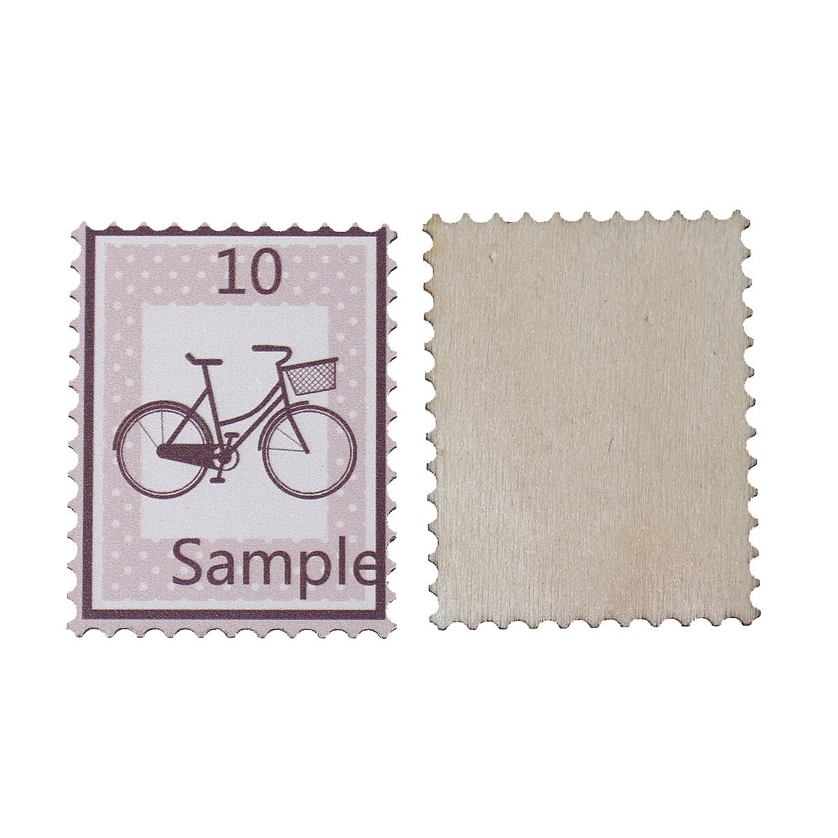 Picture of Natural Wood Embellishments Scrapbooking Travel Postage Stamp Pink Bicycle Message " Sample 10 " Pattern 38mm(1 4/8") x 30mm(1 1/8") , 30 PCs