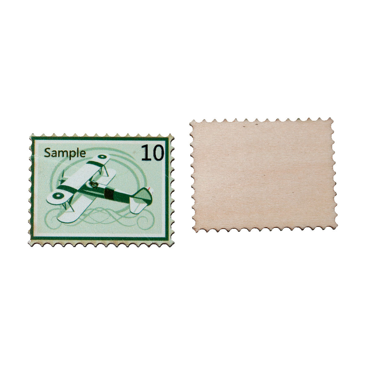 Picture of Natural Wood Embellishments Scrapbooking Postage Stamp Green Travel Airplane Message " Sample 10 " Pattern 38mm(1 4/8") x 30mm(1 1/8") , 30 PCs