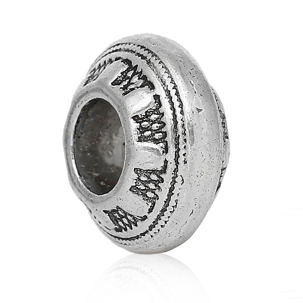 Picture of Zinc Metal Alloy European Style Large Hole Charm Beads Drum Antique Silver Color Pattern Carved About 13mm x 7mm, Hole: Approx 5.5mm, 30 PCs