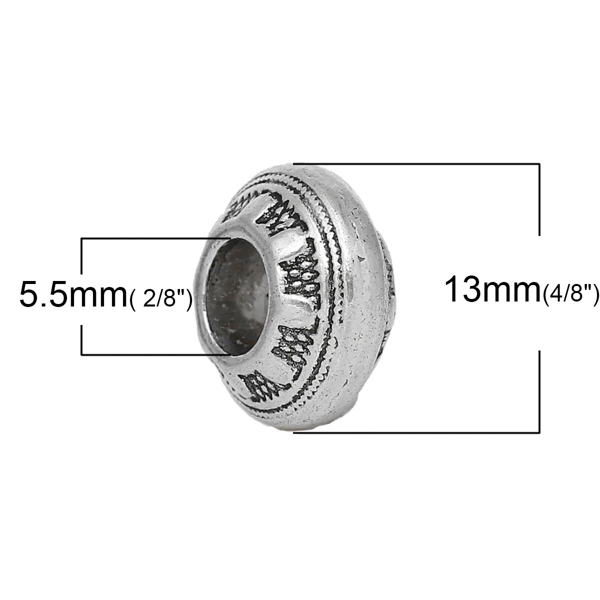 Picture of Zinc Metal Alloy European Style Large Hole Charm Beads Drum Antique Silver Color Pattern Carved About 13mm x 7mm, Hole: Approx 5.5mm, 30 PCs