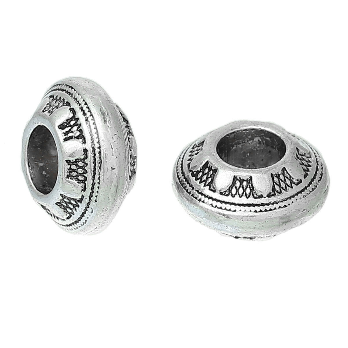 Picture of Zinc Metal Alloy European Style Large Hole Charm Beads Drum Antique Silver Color Pattern Carved About 13mm x 7mm, Hole: Approx 5.5mm, 30 PCs