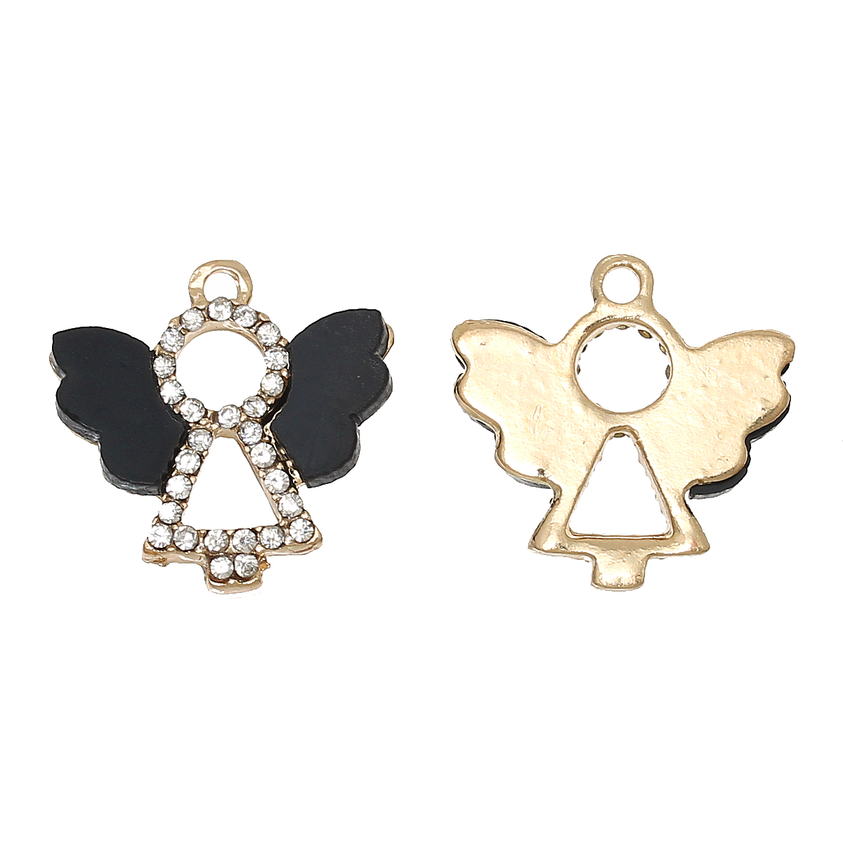 Bild von Zinklegierung + Harz Charm Anhänger Engel Vergoldet Schwarz Transparent Strass 18mm x 18mm, 5 Stücke