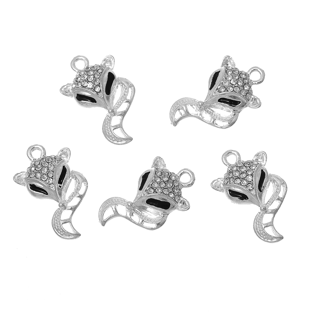 Picture of Zinc Based Alloy Charms Fox Animal Silver Tone Clear Rhinestone Black Enamel 22mm( 7/8") x 13mm( 4/8"), 5 PCs