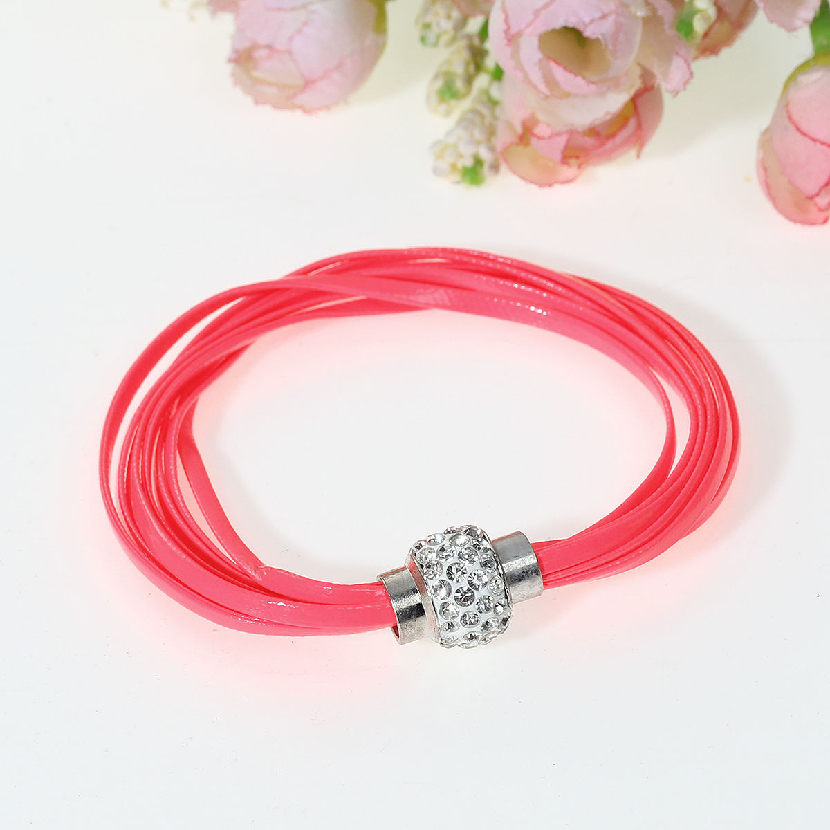 Bild von Moderne Kunstleder Armband Rosa Transparent Strass 21.0cm, 2 Streifen