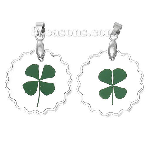 Изображение Смола чарование Подвески Круглые Зеленый Клеверс узором Прозрачный 35мм x 25мм, 3 ШТ