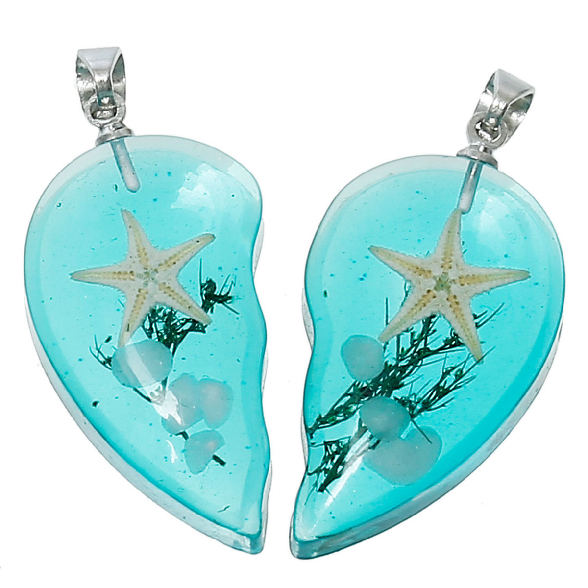 Изображение Океанские Украшения Смола чарование Влюблённые Подвески Разбитое Сердце Сине-зеленые Морская Звездас узором Прозрачный 34мм x 31мм, 1 Пара