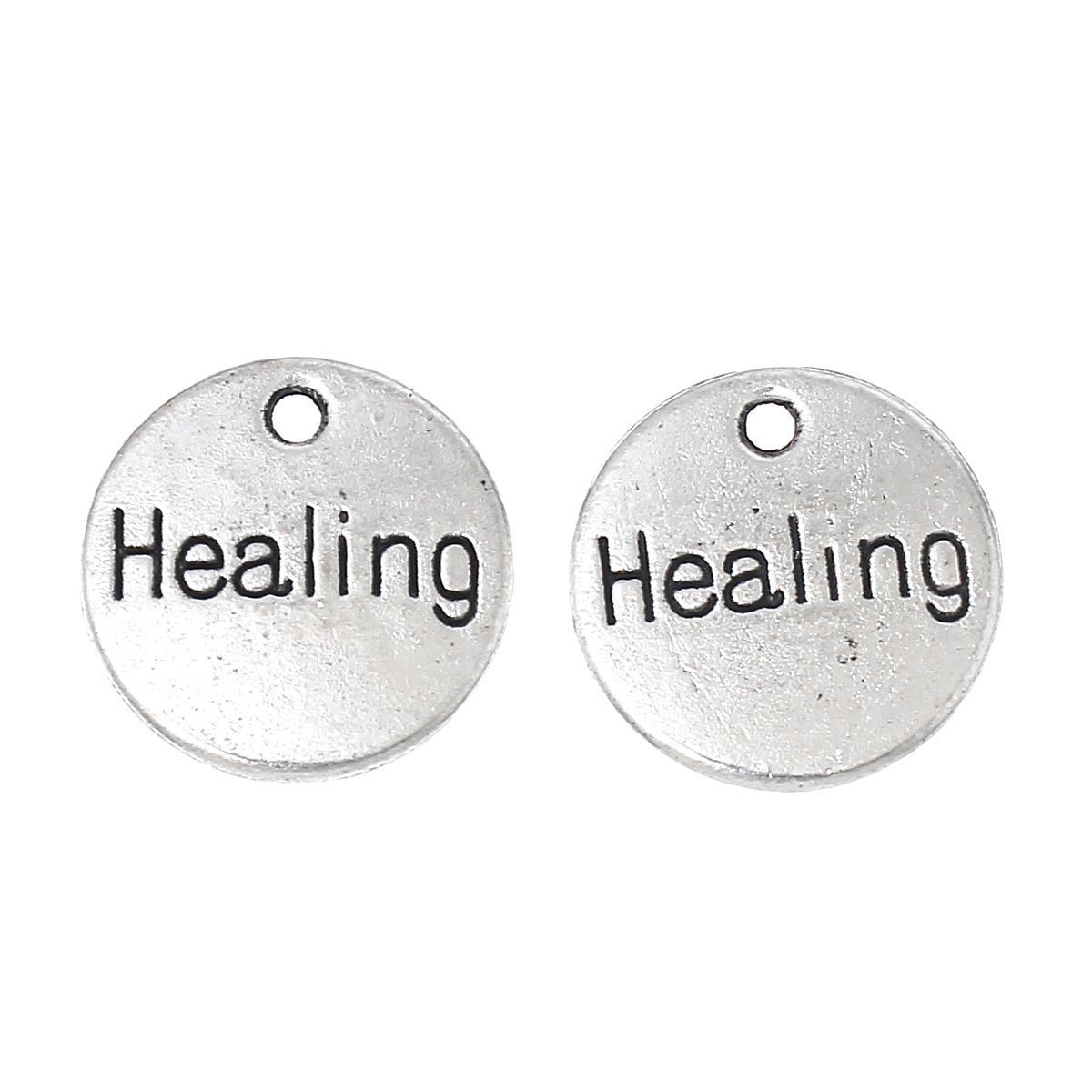 Picture of 4 PCs Zinc Based Alloy Positive Quotes Energy Charms Antique Silver Color Round Disc Message " Healing " 14mm Dia.