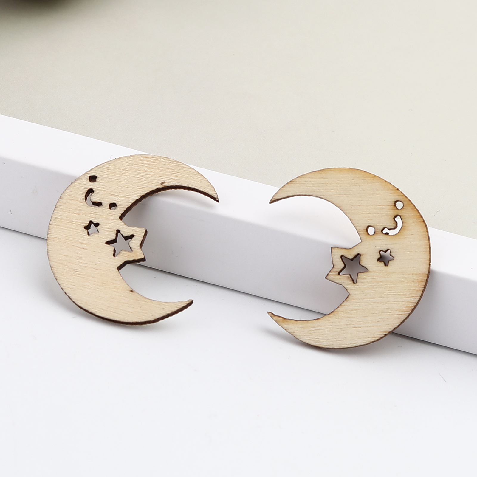 Picture of Natural Wood Embellishments Scrapbooking Half Moon Golden Star Hollow 27mm(1 1/8") x 24mm(1"), 4 PCs