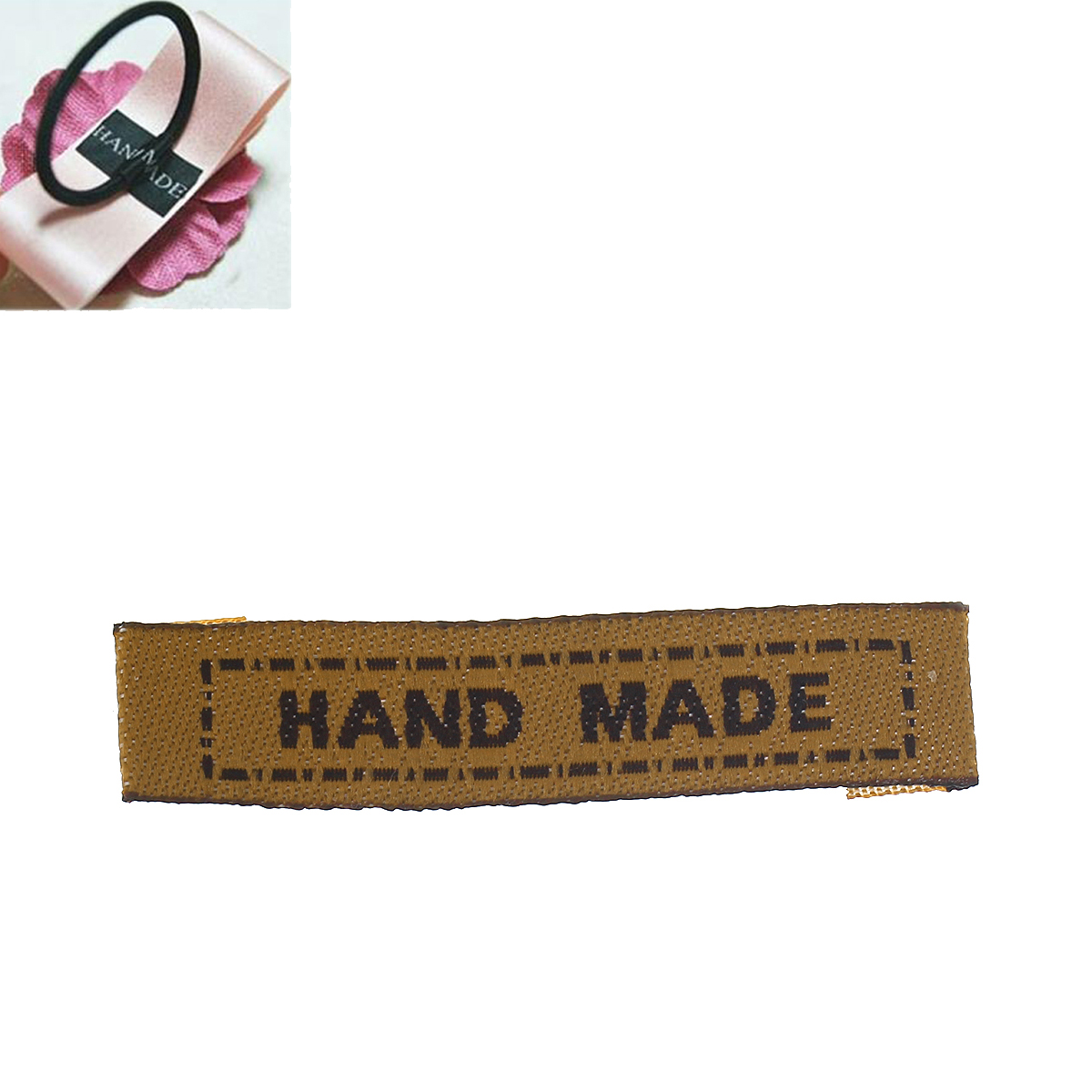 Bild von Terylen Gewebtes Etikett DIY Scrapbooking Handwerk Rechteck Braun Message Muster " Hand Made " 45mm x 10mm, 100 Stücke