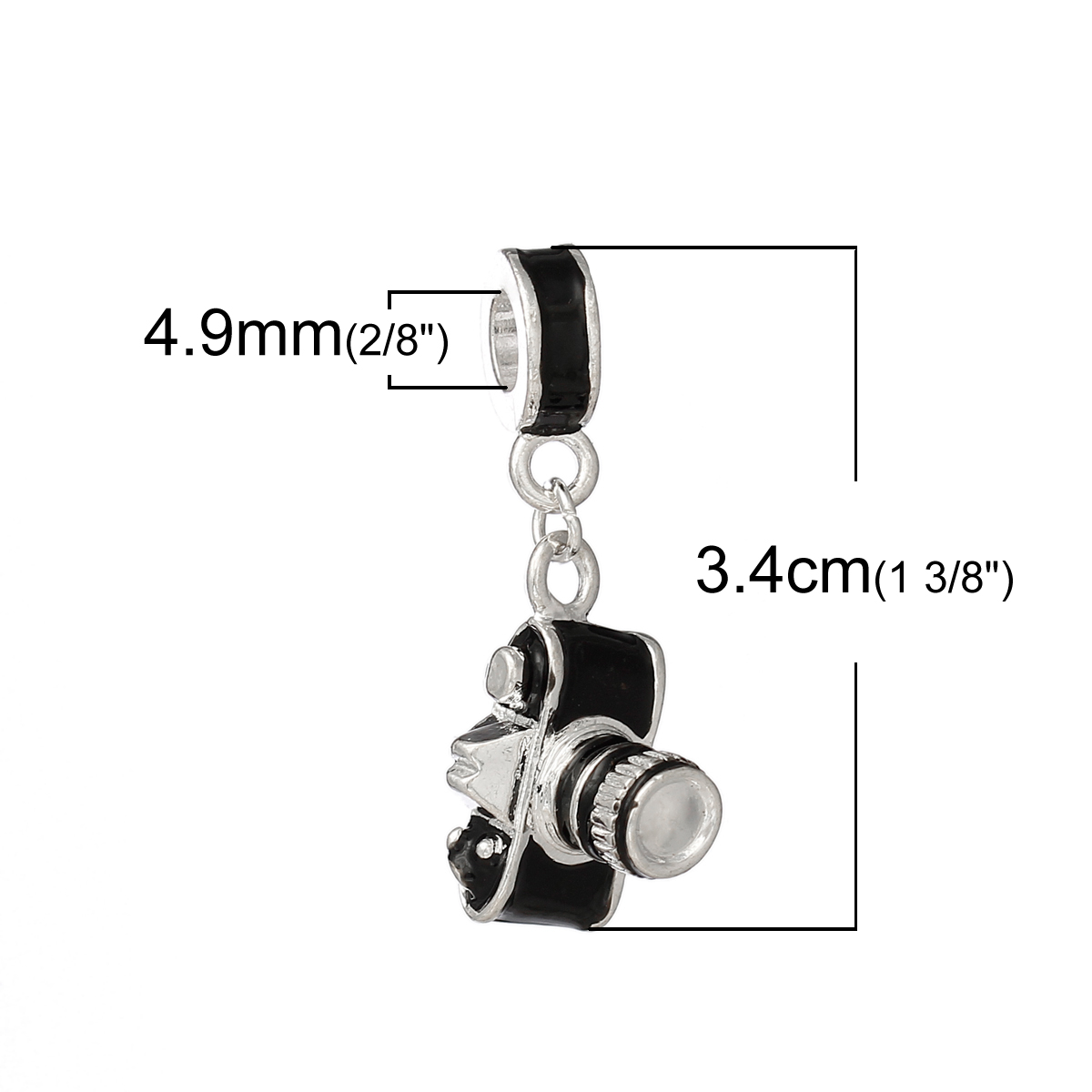 Picture of European Style Large Hole Charm Dangle Beads Travel Camera Silver Plated Black Enamel 34mm x 10mm, 5 PCs