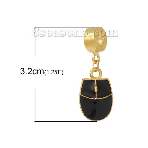 Picture of European Style Large Hole Charm Dangle Beads Couple Mouse Gold Plated Black Enamel 32mm(1 2/8") x 12mm( 4/8"), 5 PCs