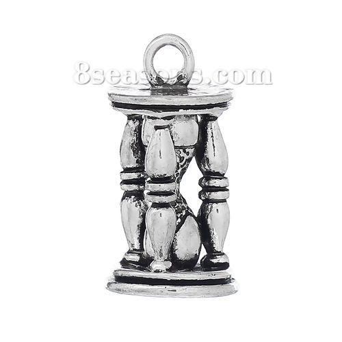 Picture of Zinc Metal Alloy 3D Charm Pendants Hourglass Antique Silver Color 22mm( 7/8") x 11mm( 3/8"), 10 PCs