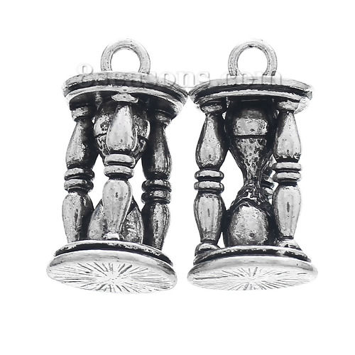 Picture of Zinc Metal Alloy 3D Charm Pendants Hourglass Antique Silver Color 22mm( 7/8") x 11mm( 3/8"), 10 PCs