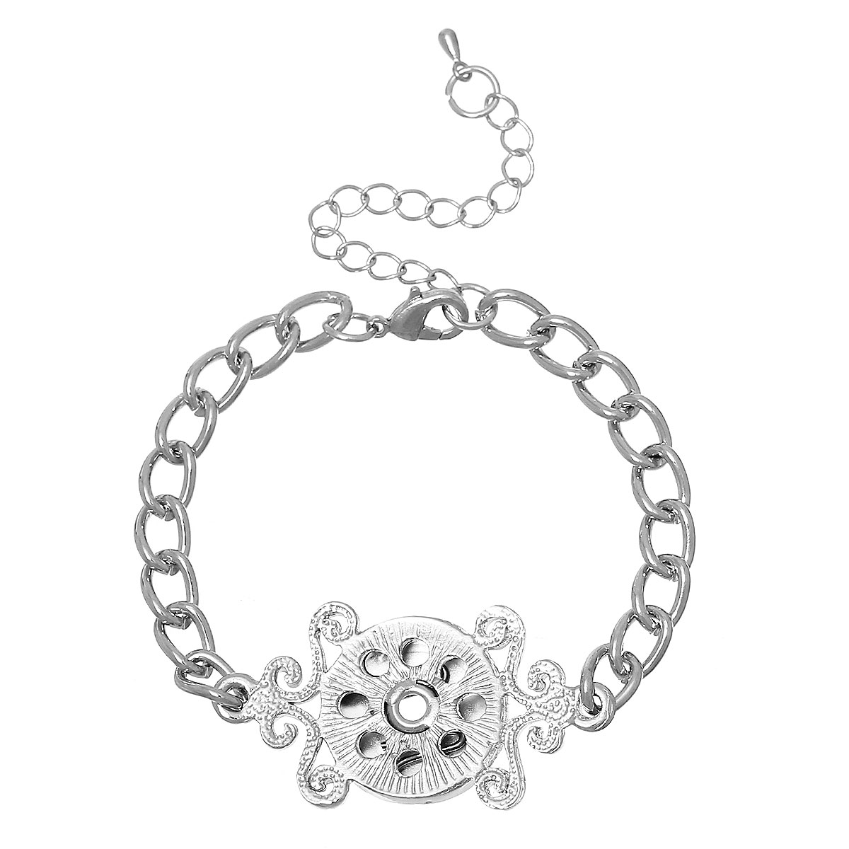 Picture of Snap Button Jewelry Bracelets Silver Tone Fit 18mm/20mm Snap Buttons 18.3cm(7 2/8") long, Hole Size: 6mm( 2/8"), 1 Piece
