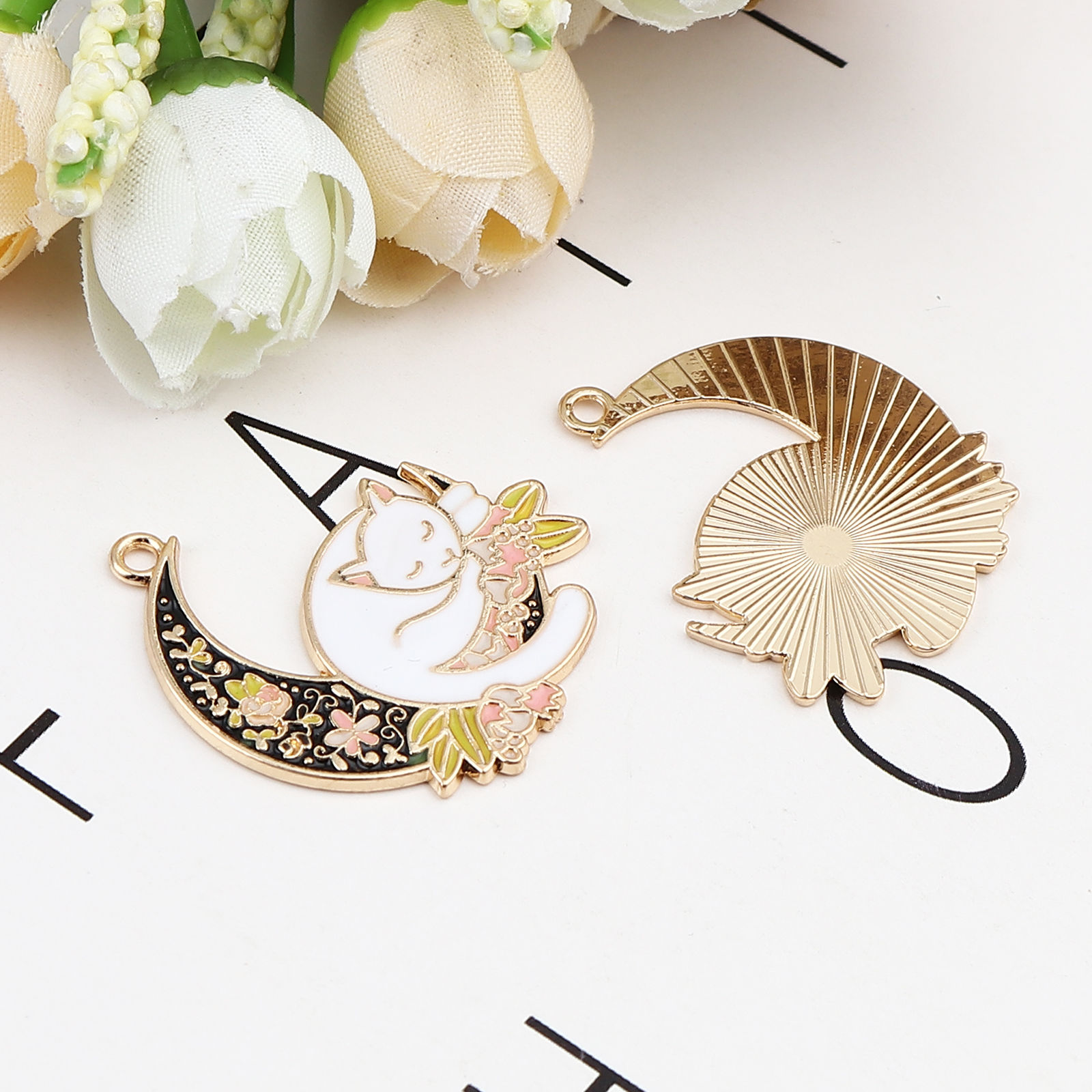 Imagen de Zinc Based Alloy Galaxy Pendants Half Moon Gold Plated Black & White Cat Enamel 33mm x 29mm, 5 PCs