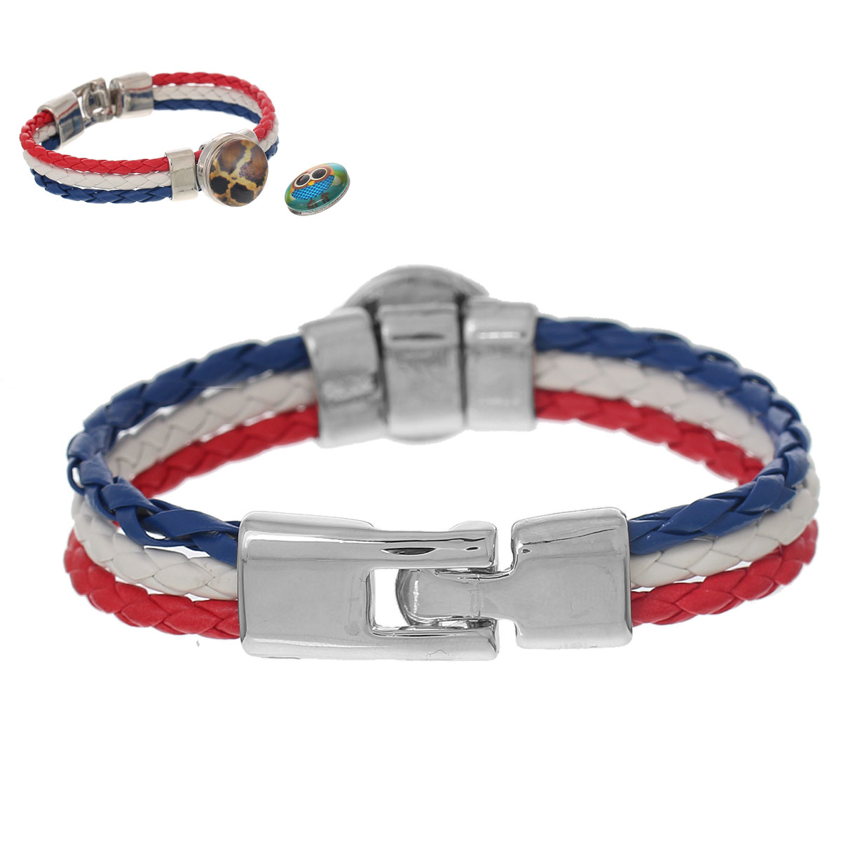 Picture of Leatheroid Snap Button Jewelry Bracelets Multicolor Three Layer Silver Tone Fit 18mm/20mm Snap Buttons 20.5cm(8 1/8") long, Hole Size: 6mm( 2/8"), 1 Piece