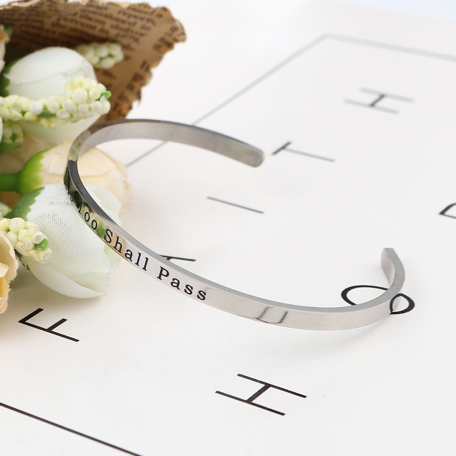 Imagen de 304 Stainless Steel Open Cuff Bangles Bracelets Silver Tone Message " This Too Shall Pass " 17cm(6 6/8") long, 1 Piece