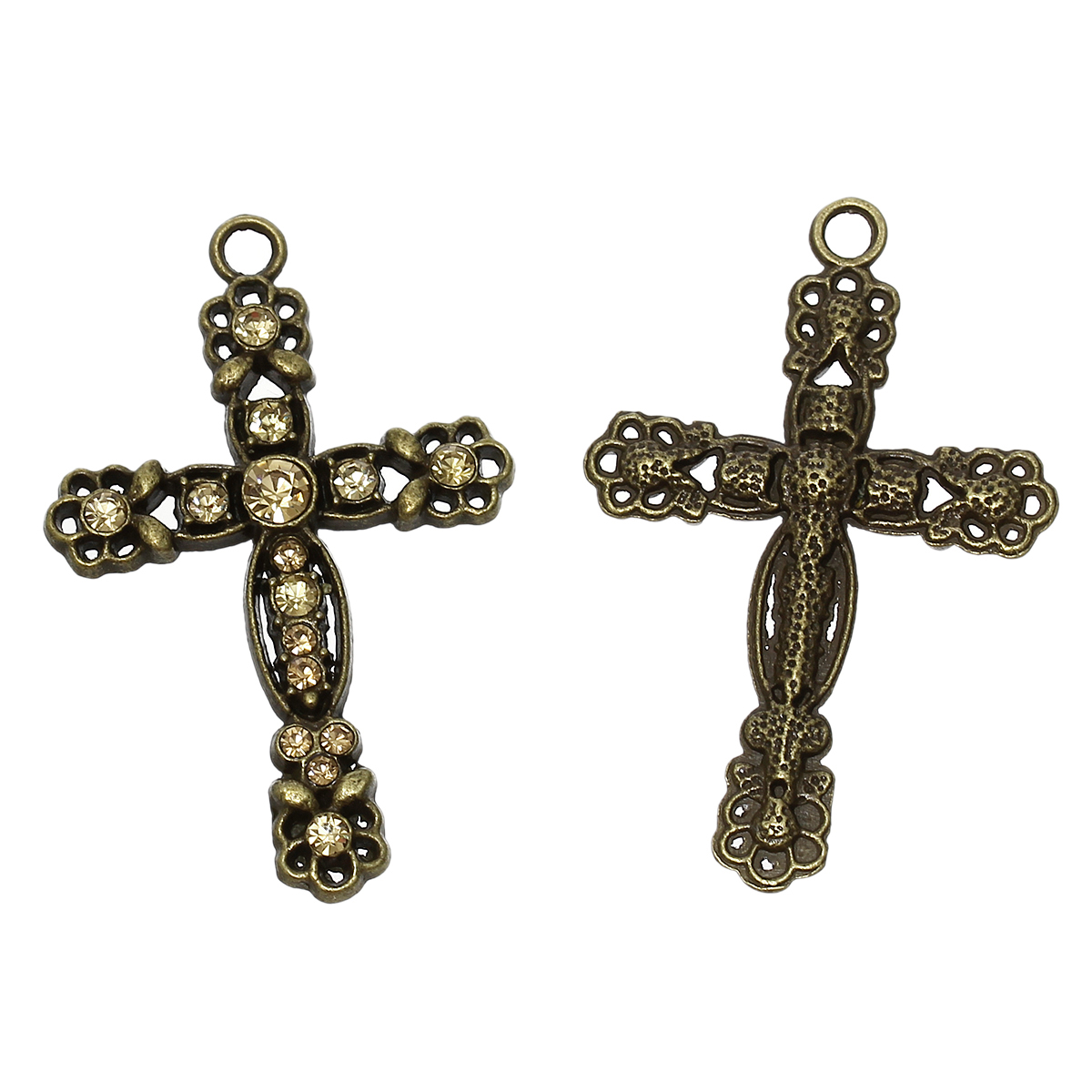 Picture of Zinc Based Alloy Easter Pendants Cross Antique Bronze Flower Carved Champagne Gold Rhinestone 5.8cm x 3.8cm(2 2/8" x1 4/8"), 2 PCs