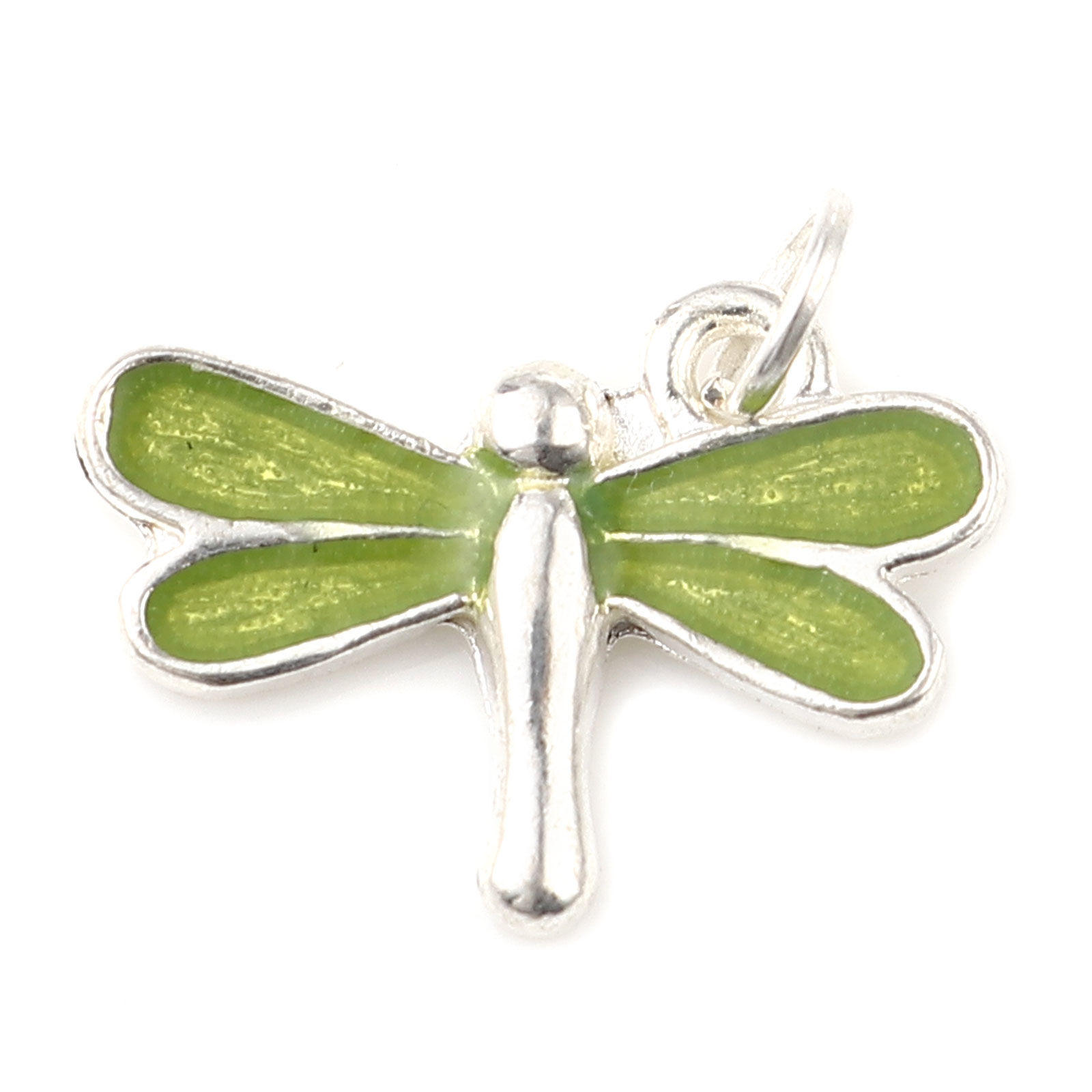 Picture of Zinc Based Alloy Insect Charms Silver Plated Green Dragonfly Animal Enamel 19mm x 13mm, 10 PCs