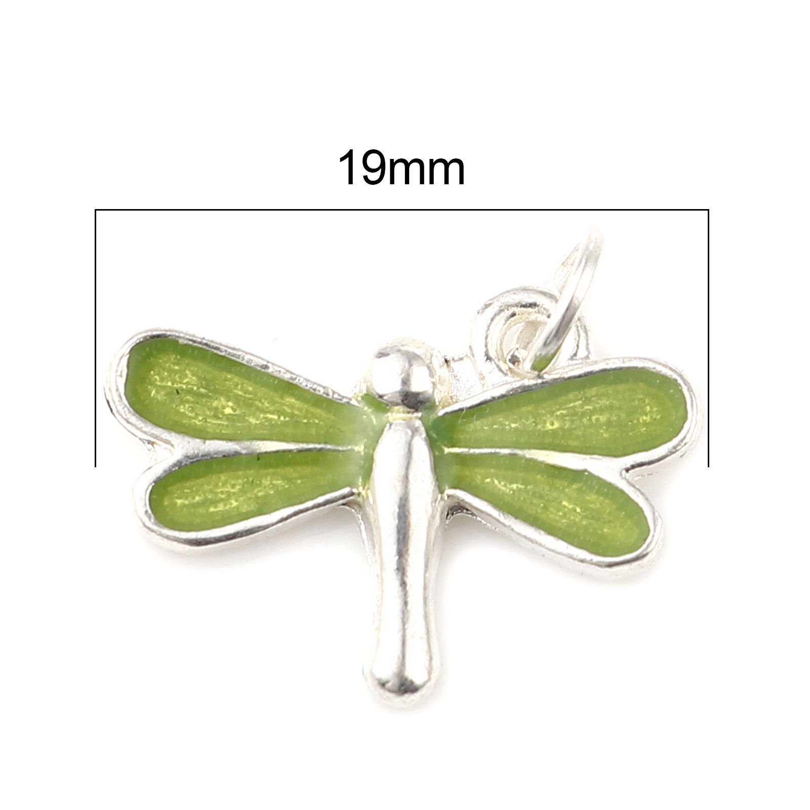 Picture of Zinc Based Alloy Insect Charms Silver Plated Green Dragonfly Animal Enamel 19mm x 13mm, 10 PCs