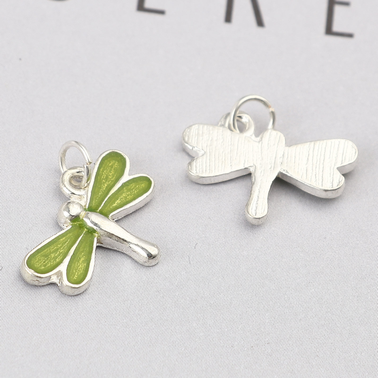 Picture of Zinc Based Alloy Insect Charms Silver Plated Green Dragonfly Animal Enamel 19mm x 13mm, 10 PCs