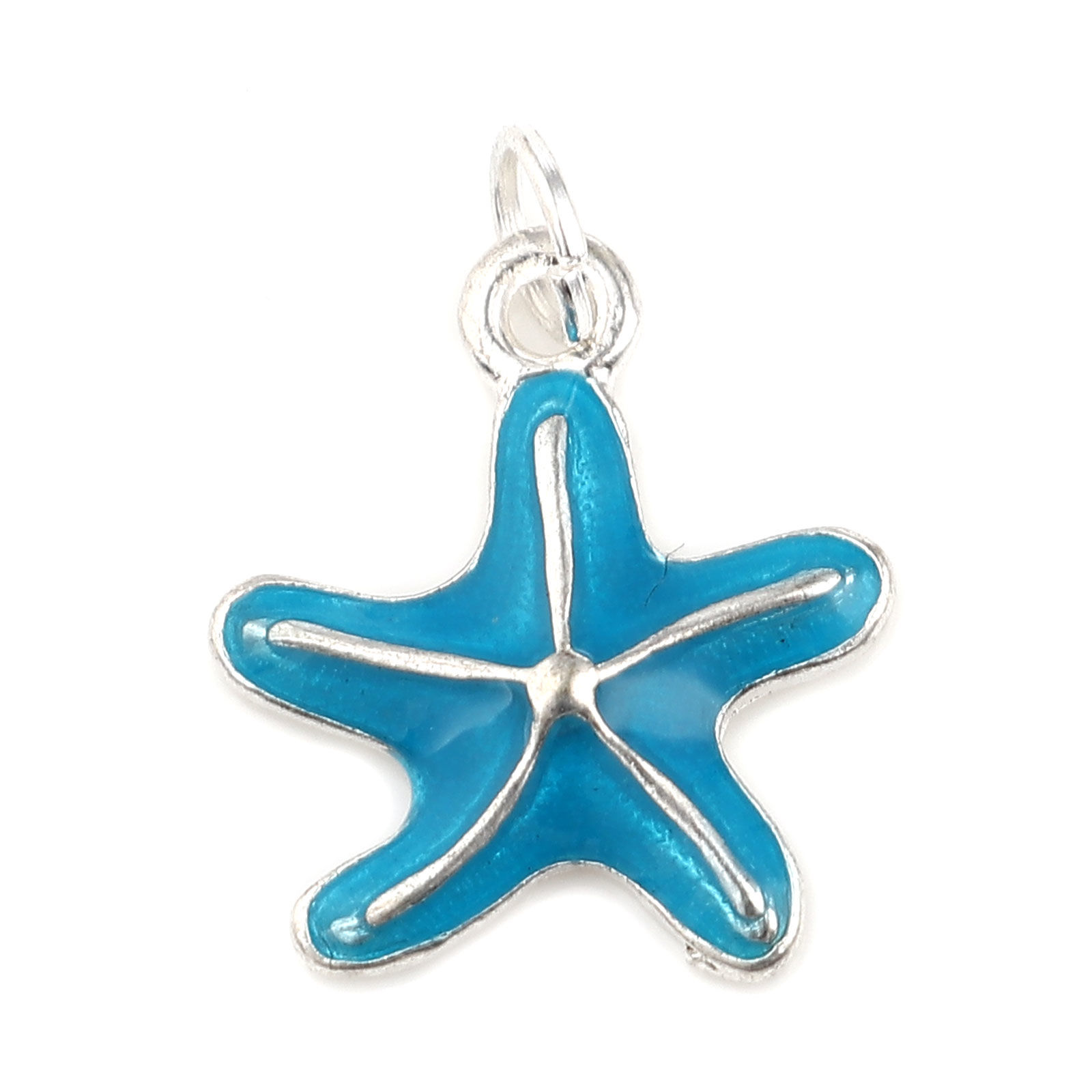 Picture of Zinc Based Alloy Ocean Jewelry Charms Star Fish Silver Plated Blue Enamel 21mm x 16mm, 10 PCs