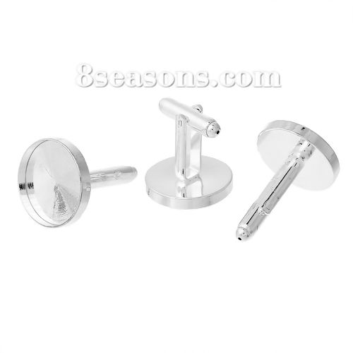 Bild von Messing Manschettenknöpfe, für 18mm Cabochon, Rund Versilbert für Cabochon, 27mm x 19mm, 4 Stücke