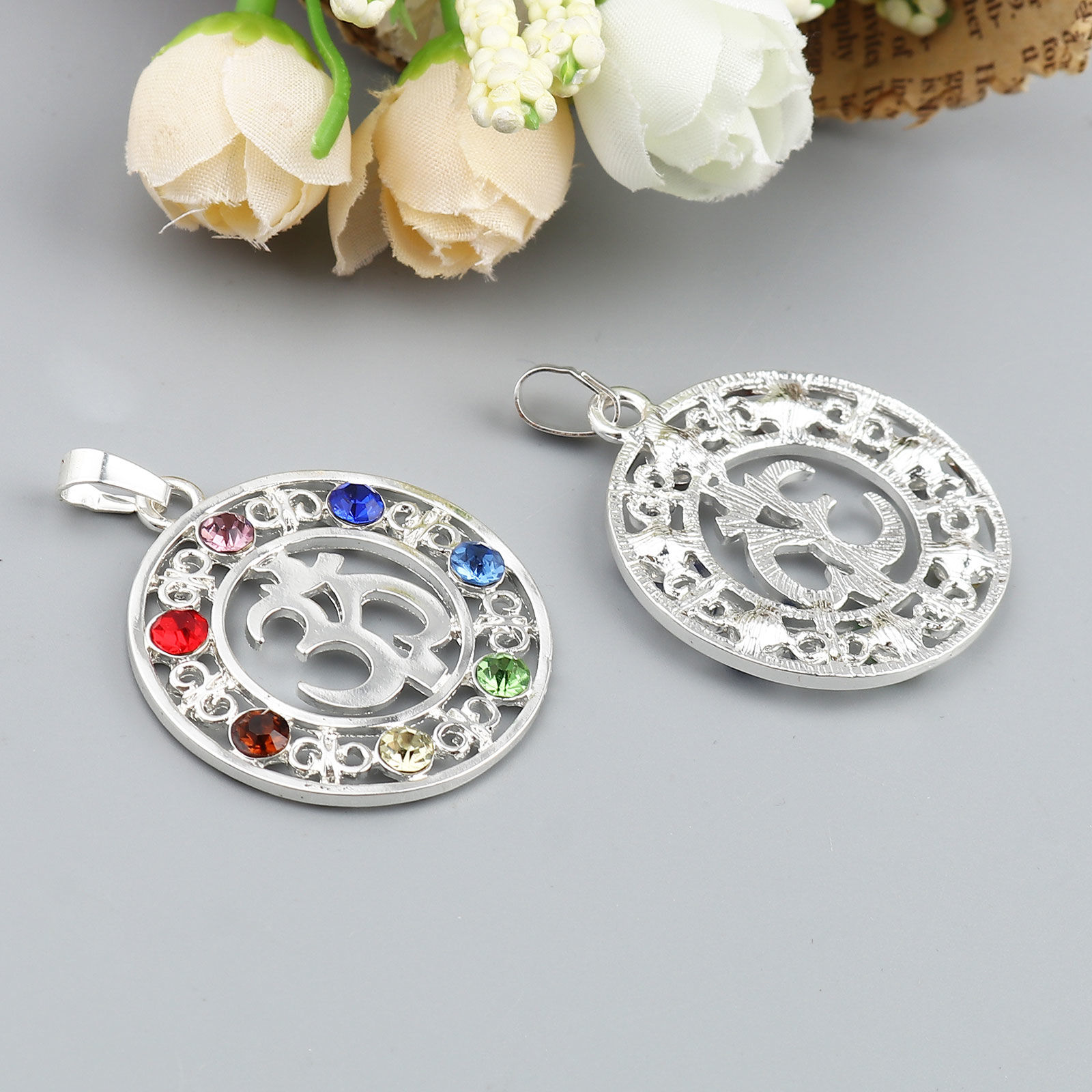 Picture of Zinc Based Alloy Yoga Healing Pendants Round Silver Plated OM/ Aum Symbol Multicolor Rhinestone 48mm x 35mm, 5 PCs