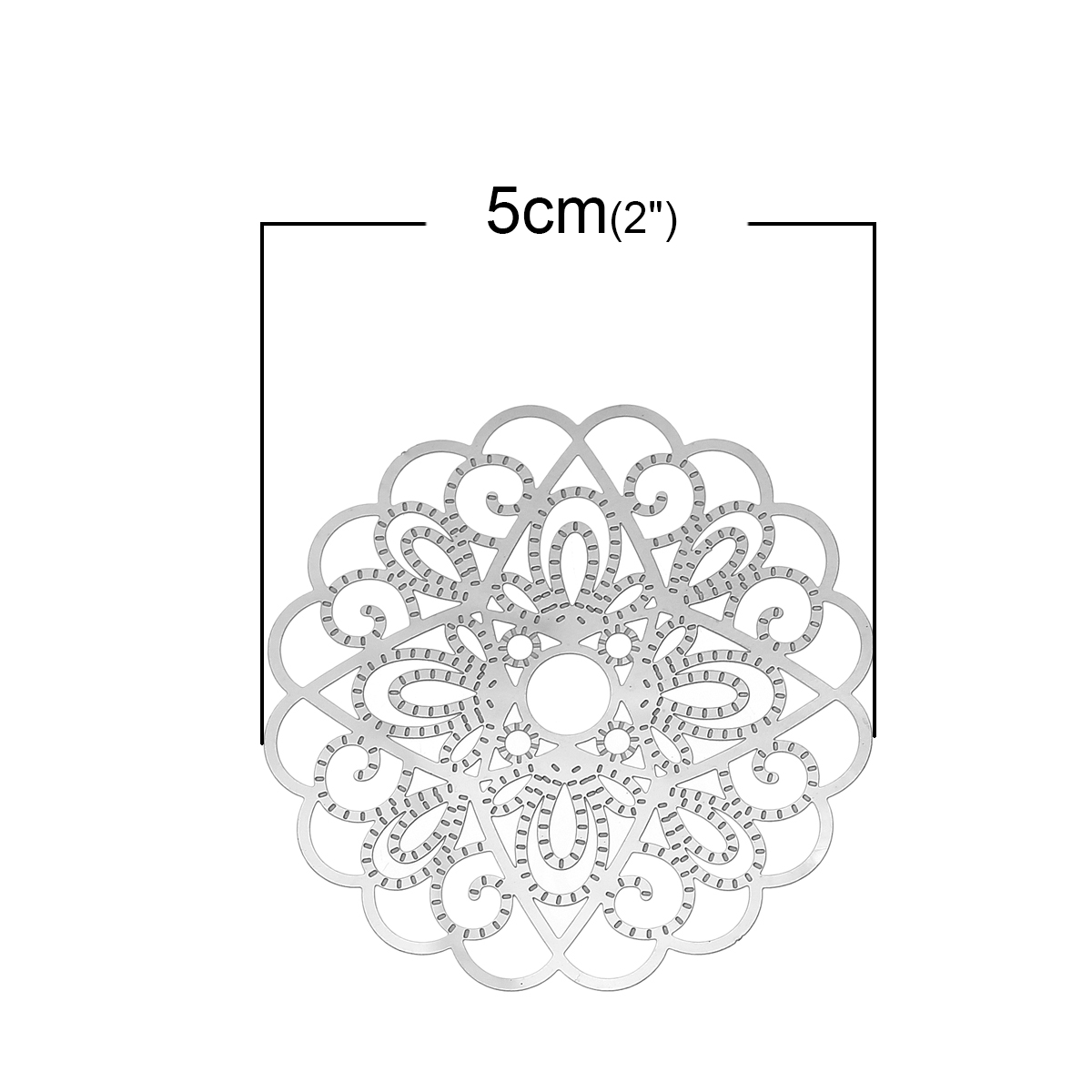 Picture of 304 Stainless Steel Filigree Stamping Embellishments Findings, Flower Silver Tone, Hollow Carved 50mm(2") x 50mm(2"), 10 PCs