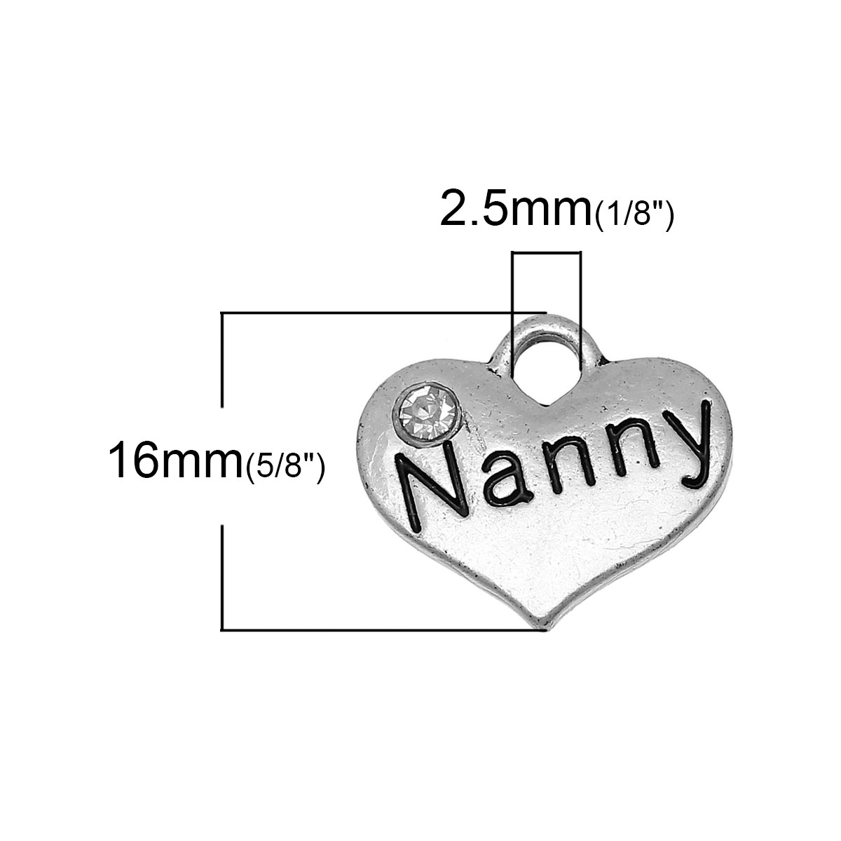 Picture of Zinc Metal Alloy Charm Pendants Heart Antique Silver Color Message " Nanny " Carved Clear Rhinestone 16mm( 5/8") x 14mm( 4/8"), 20 PCs