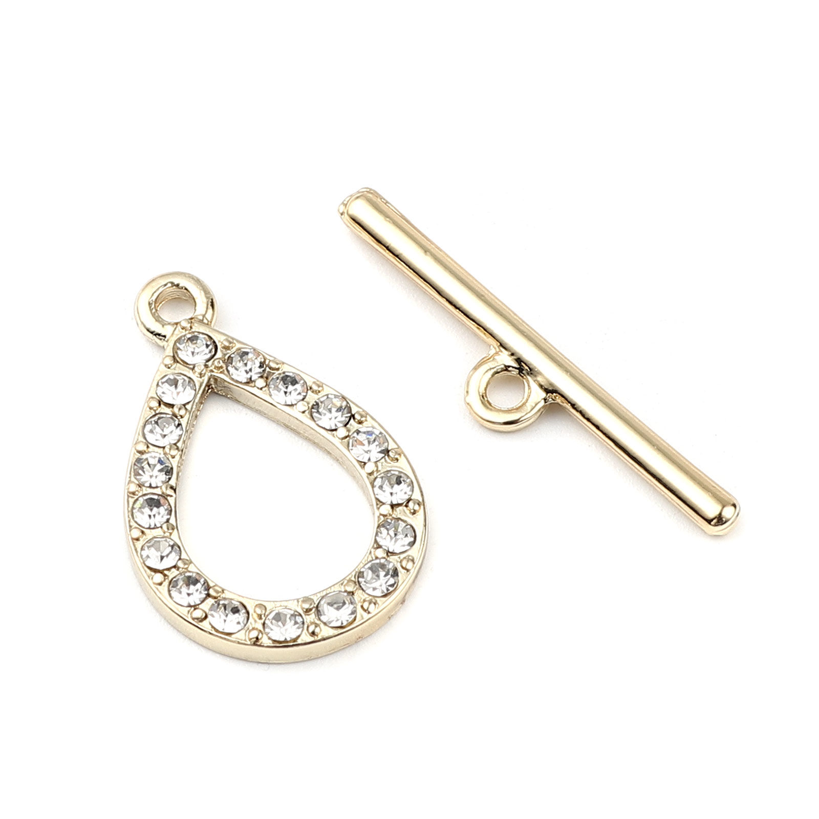 Picture of Zinc Based Alloy Toggle Clasps Drop Real Gold Plated Clear Rhinestone 30mm x 6mm 25mm x 17mm, 2 Sets