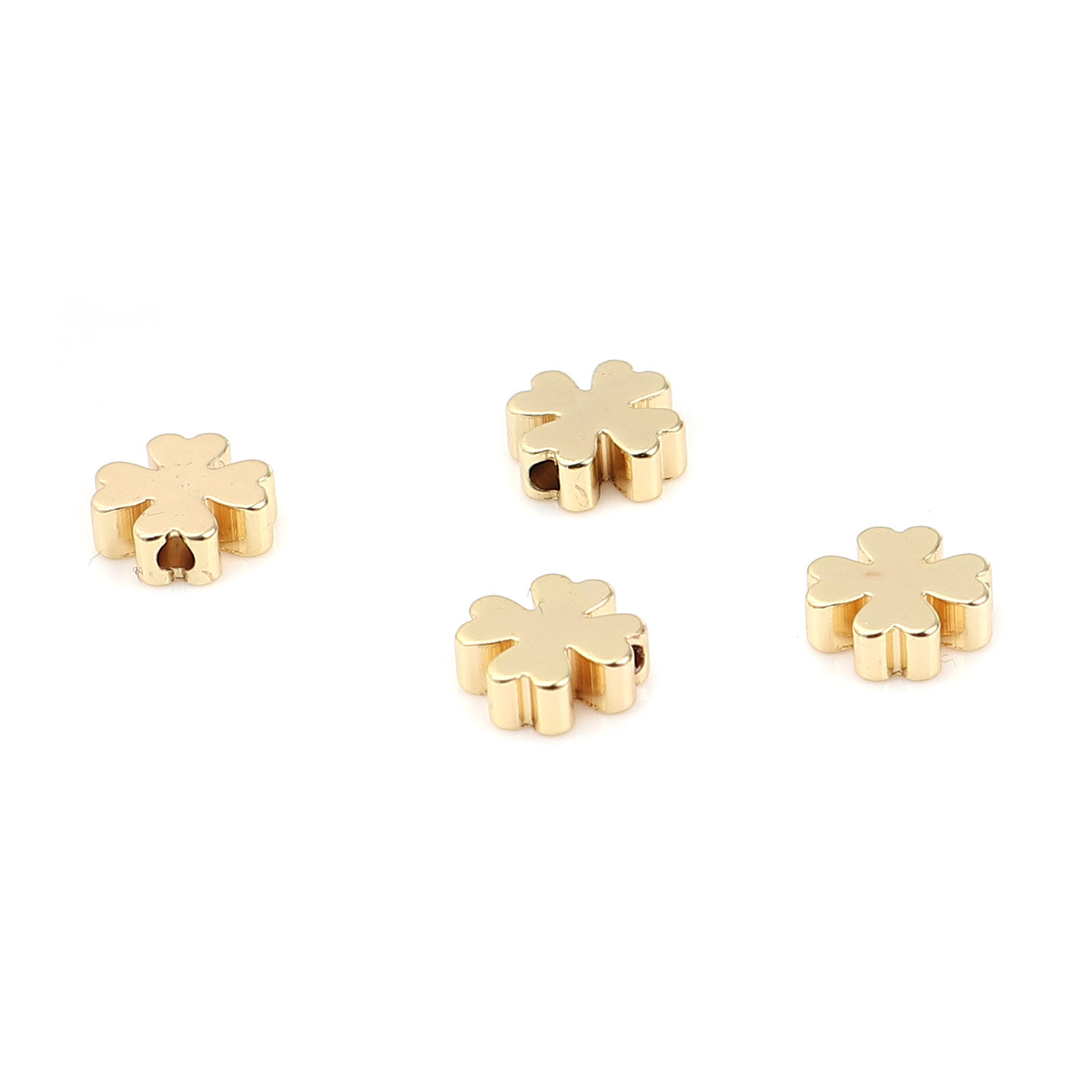 Изображение 10 ШТ Экологичный Латунь Бусины для изготовления ювелирных изделий 18K настоящее золото с покрытием четыре листа клевера трилистник 7мм x 7мм, Отверстие:примерно 1.1мм