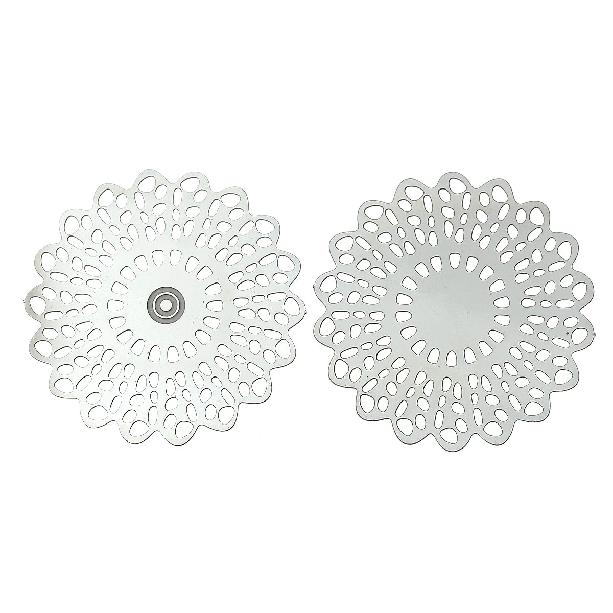 Picture of 304 Stainless Steel Filigree Stamping Embellishments Findings, Flower Silver Tone, Hollow Carved 35mm(1 3/8") x 34mm(1 3/8"), 20 PCs