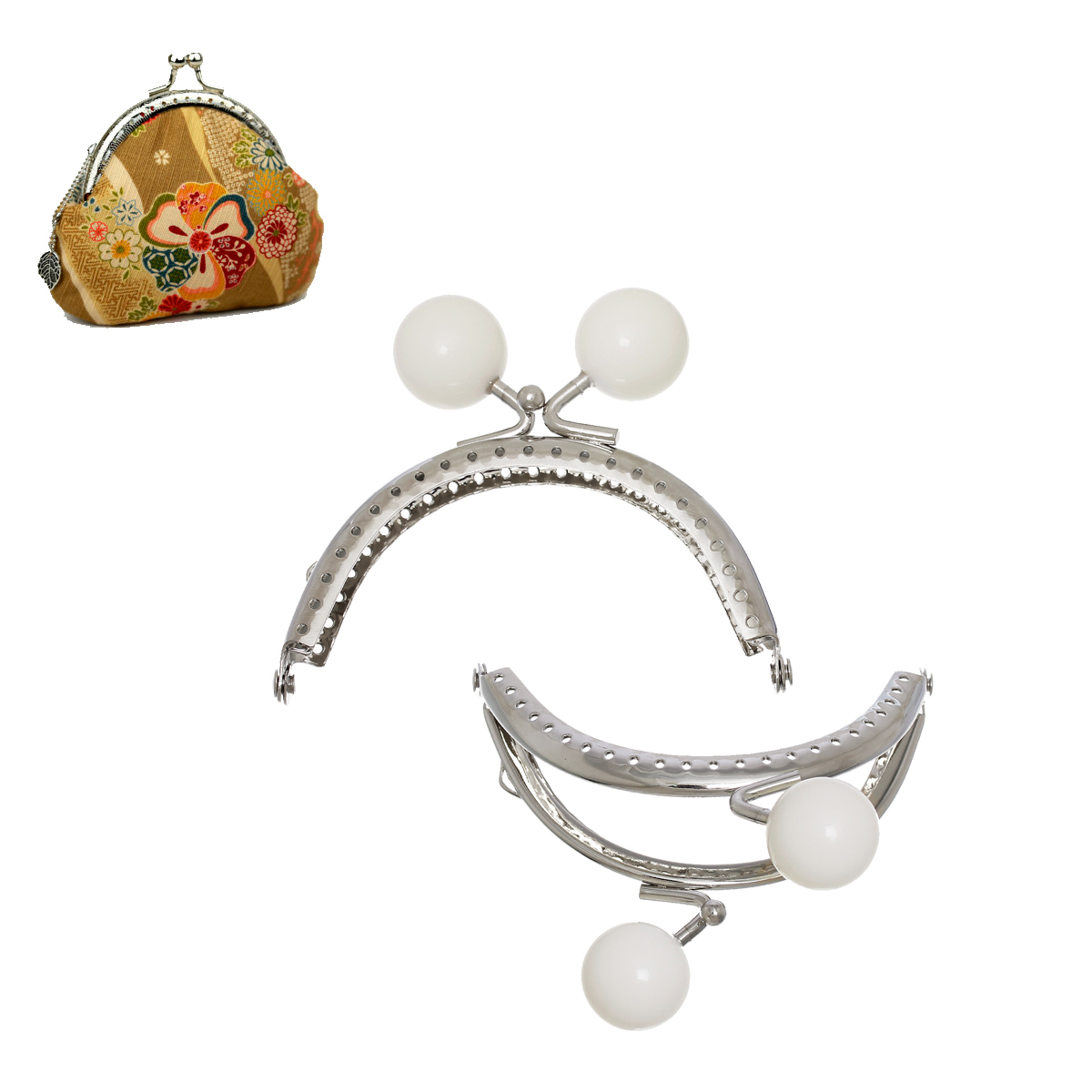 Picture of Iron Based Alloy Kiss Clasp Lock Purse Frame Arch Silver Tone White Acrylic Ball 8.6x7.5cm(3 3/8" x3"), Open Size: 14.5x8.6cm(5 6/8"x3 3/8"), 1 Piece