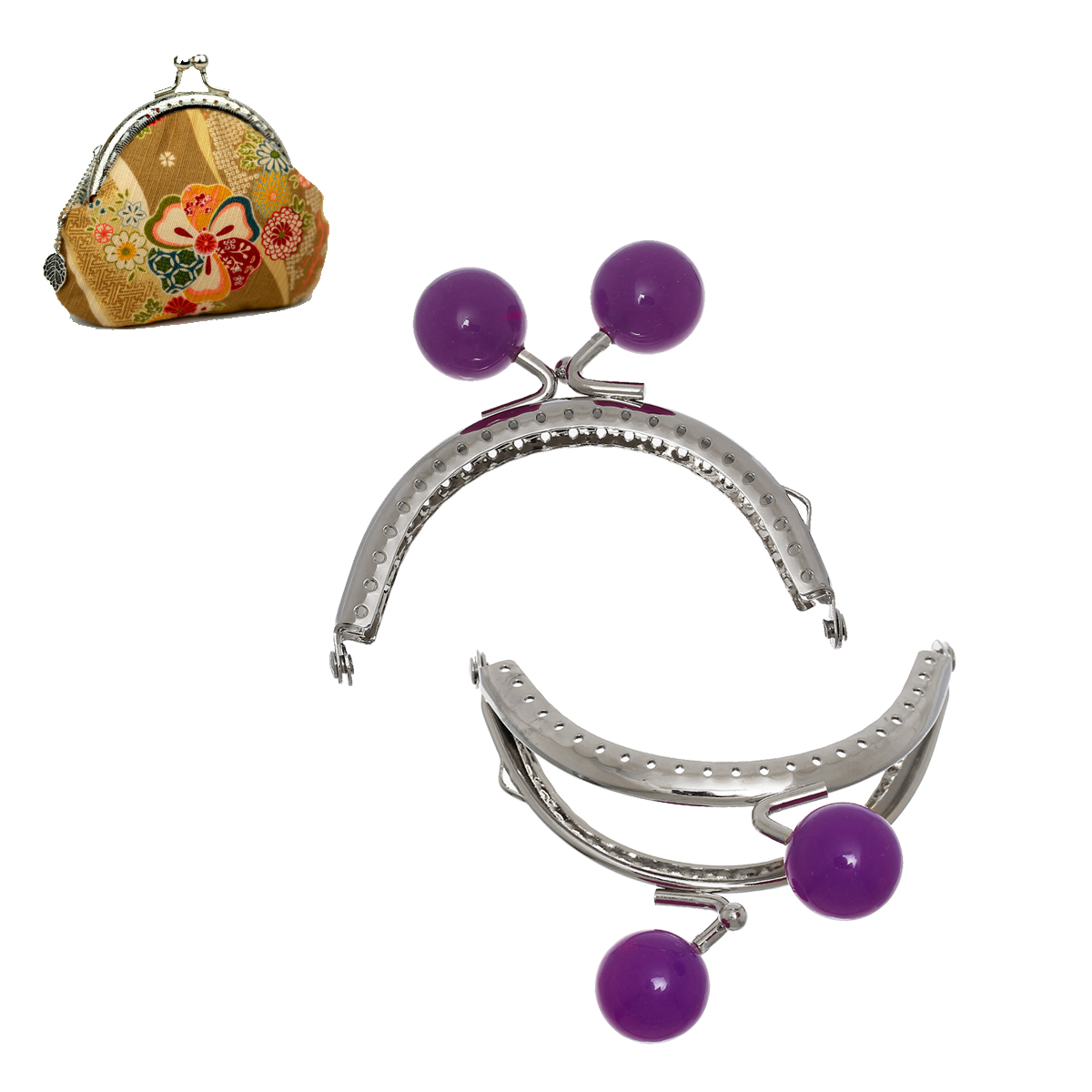 Picture of Iron Based Alloy Kiss Clasp Lock Purse Frame Arch Silver Tone Purple Acrylic Ball 8.6x7.5cm(3 3/8" x3"), Open Size: 14.5x8.6cm(5 6/8"x3 3/8"), 1 Piece